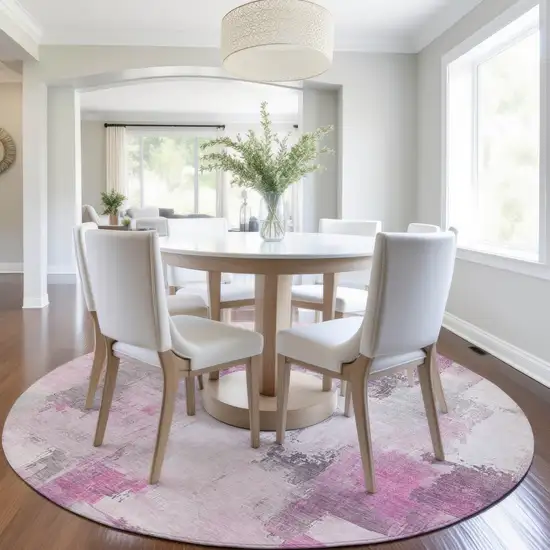 8' Pink And Silver Round Abstract Washable Indoor Outdoor Area Rug Photo 6