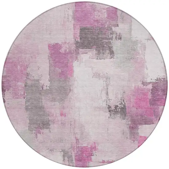 8' Pink And Silver Round Abstract Washable Indoor Outdoor Area Rug Photo 3