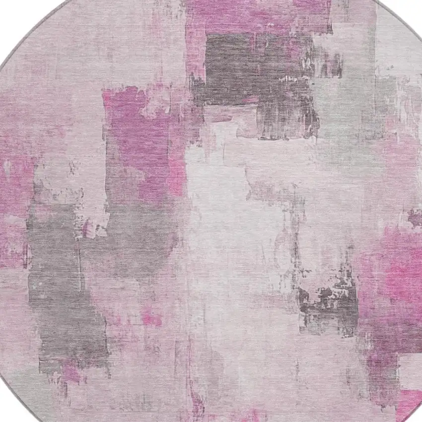8' Pink And Silver Round Abstract Washable Indoor Outdoor Area Rug Photo 8