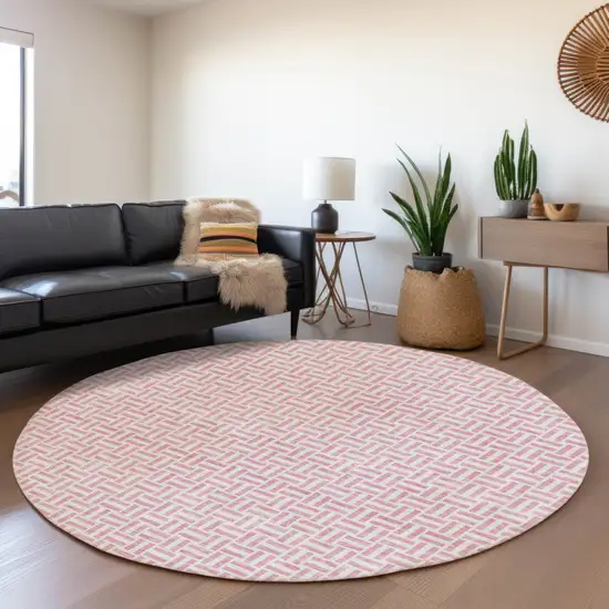 8' Pink And Silver Round Geometric Washable Indoor Outdoor Area Rug Photo 7