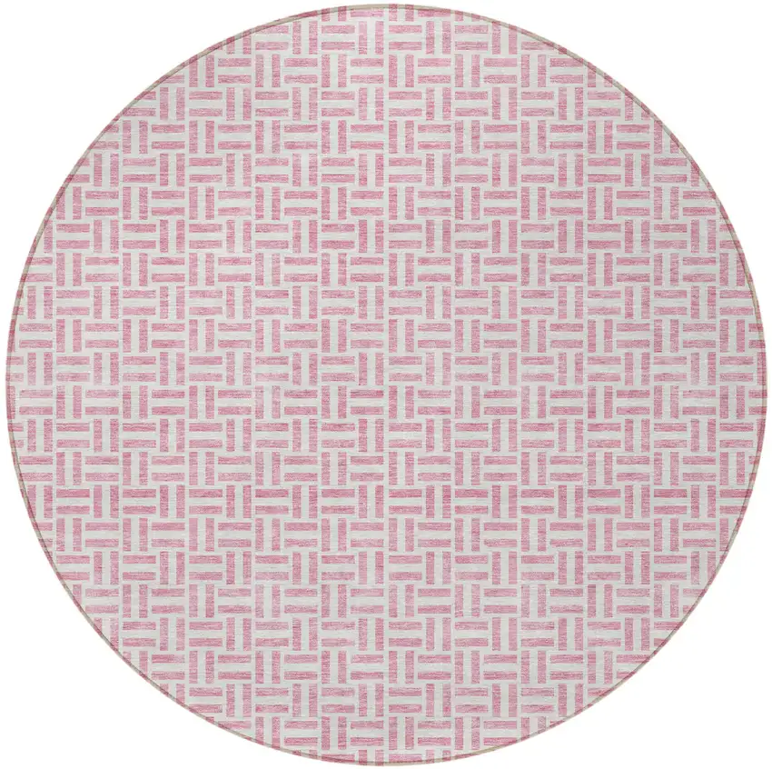 8' Pink And Silver Round Geometric Washable Indoor Outdoor Area Rug Photo 5