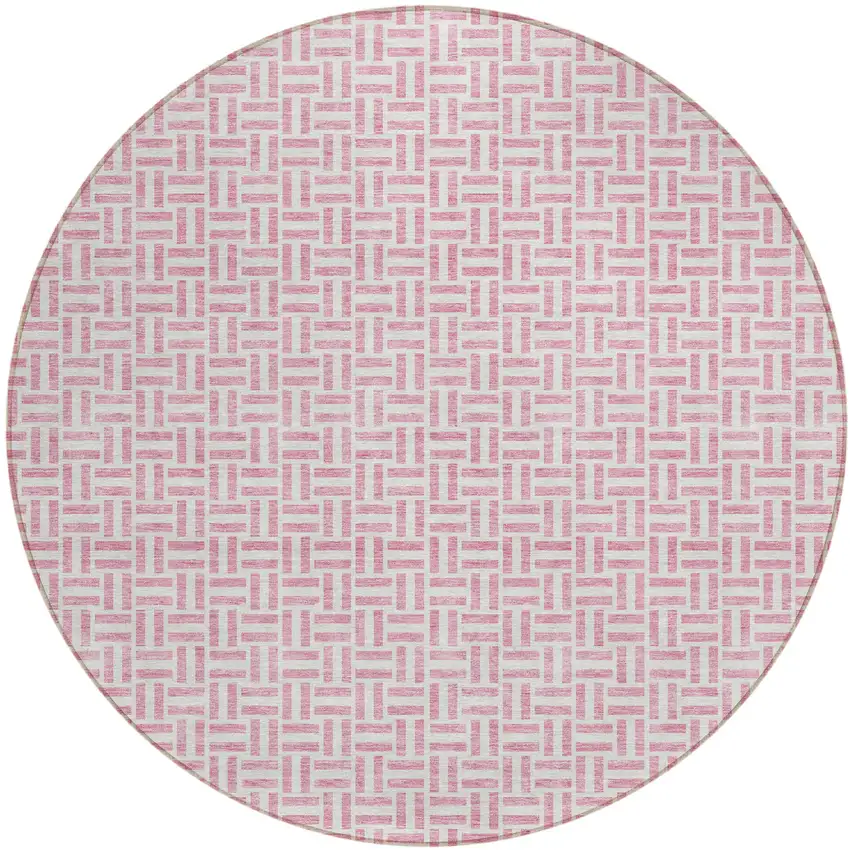 8' Pink And Silver Round Geometric Washable Indoor Outdoor Area Rug Photo 2