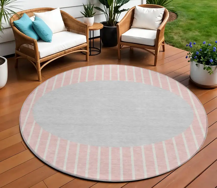 8' Pink And Silver Round Striped Washable Indoor Outdoor Area Rug Photo 1