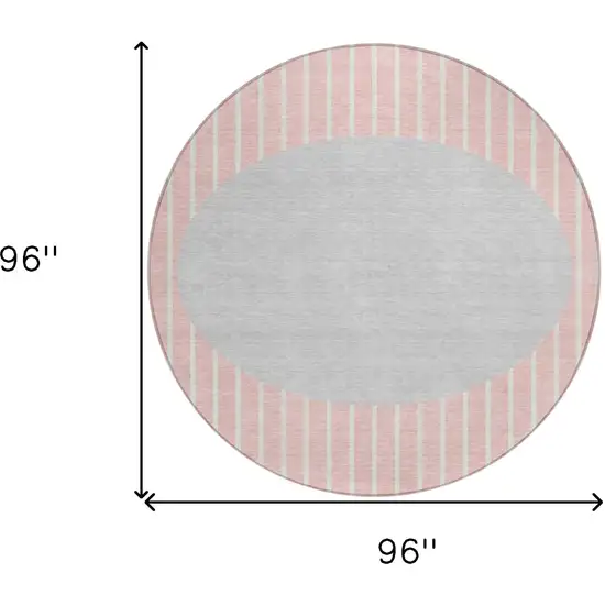 8' Pink And Silver Round Striped Washable Indoor Outdoor Area Rug Photo 3
