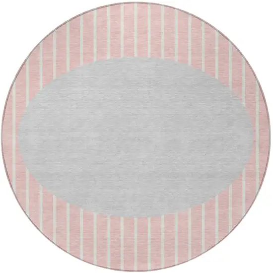 8' Pink And Silver Round Striped Washable Indoor Outdoor Area Rug Photo 4