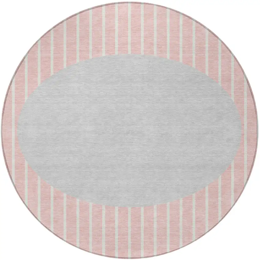 8' Pink And Silver Round Striped Washable Indoor Outdoor Area Rug Photo 4