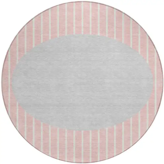 8' Pink And Silver Round Striped Washable Indoor Outdoor Area Rug Photo 2