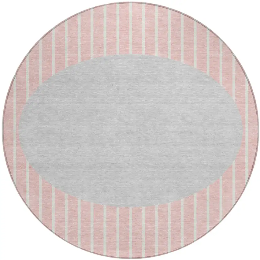 8' Pink And Silver Round Striped Washable Indoor Outdoor Area Rug Photo 2