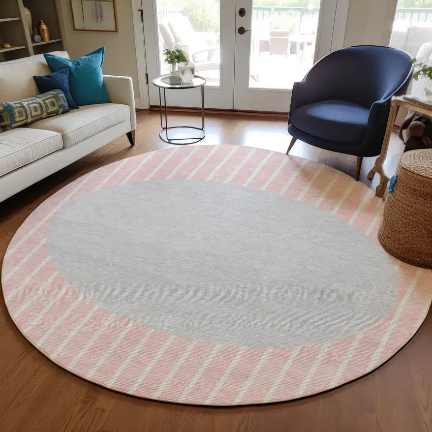 8' Pink And Silver Round Striped Washable Indoor Outdoor Area Rug Photo 6