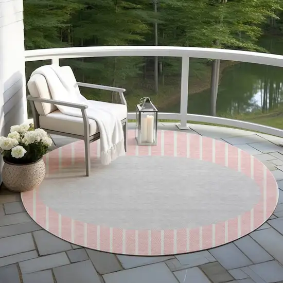 8' Pink And Silver Round Striped Washable Indoor Outdoor Area Rug Photo 5