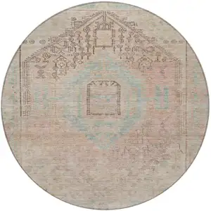Photo of 8' Pink And Sky Blue Round Oriental Washable Indoor Outdoor Area Rug