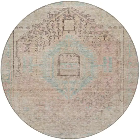 8' Pink And Sky Blue Round Oriental Washable Indoor Outdoor Area Rug Photo 5