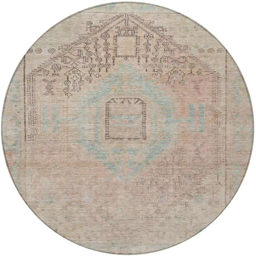 8' Pink And Sky Blue Round Oriental Washable Indoor Outdoor Area Rug Photo 5