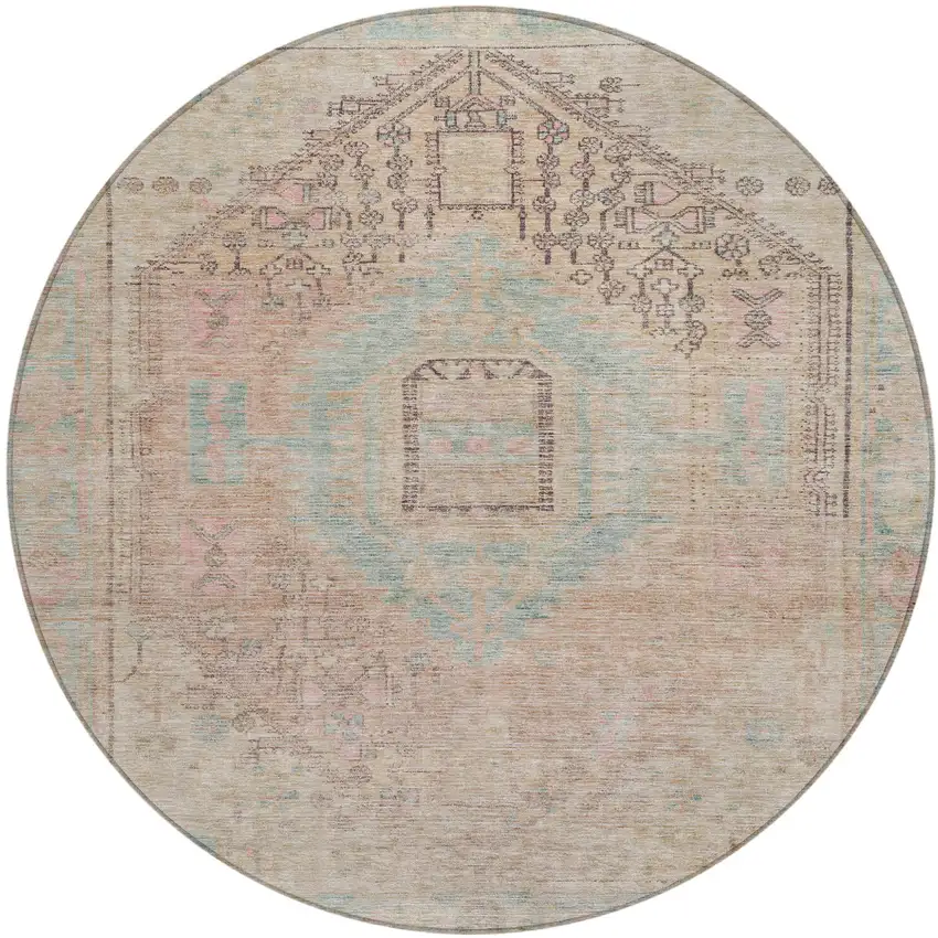 8' Pink And Sky Blue Round Oriental Washable Indoor Outdoor Area Rug Photo 2