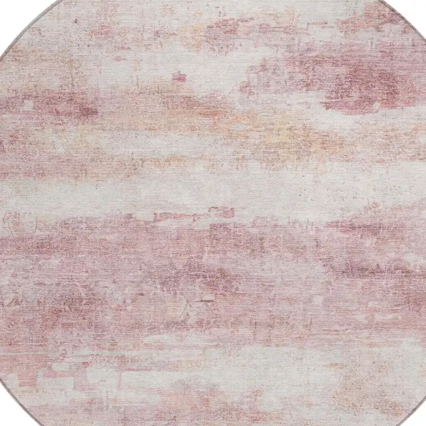 8' Pink And Tan Round Abstract Washable Indoor Outdoor Area Rug Photo 6