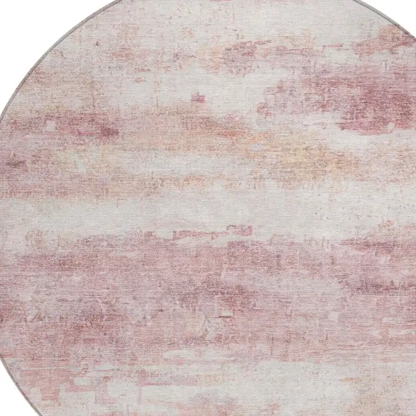 8' Pink And Tan Round Abstract Washable Indoor Outdoor Area Rug Photo 7