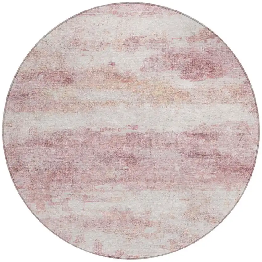 8' Pink And Tan Round Abstract Washable Indoor Outdoor Area Rug Photo 1