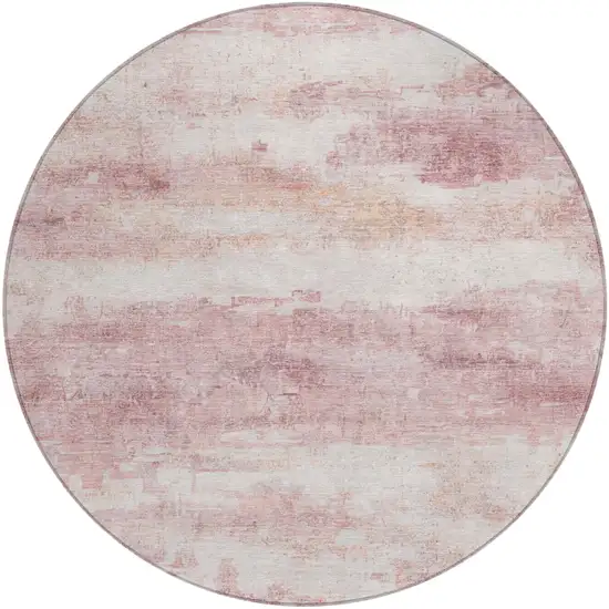 8' Pink And Tan Round Abstract Washable Indoor Outdoor Area Rug Photo 3
