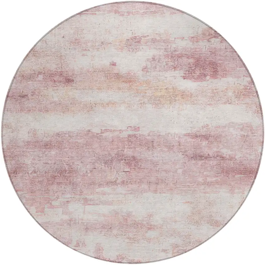 8' Pink And Tan Round Abstract Washable Indoor Outdoor Area Rug Photo 3