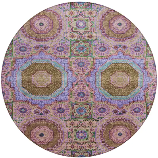 8' Pink And Teal Blue Round Medallion Washable Indoor Outdoor Area Rug Photo 1
