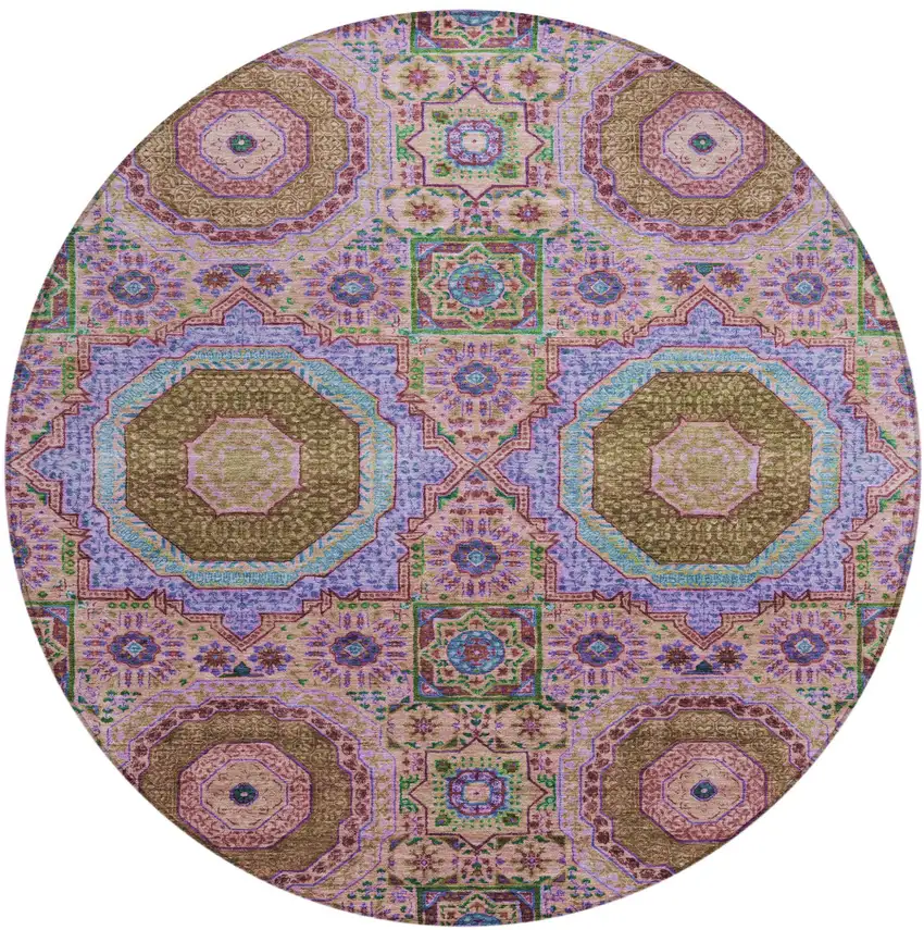 8' Pink And Teal Blue Round Medallion Washable Indoor Outdoor Area Rug Photo 1