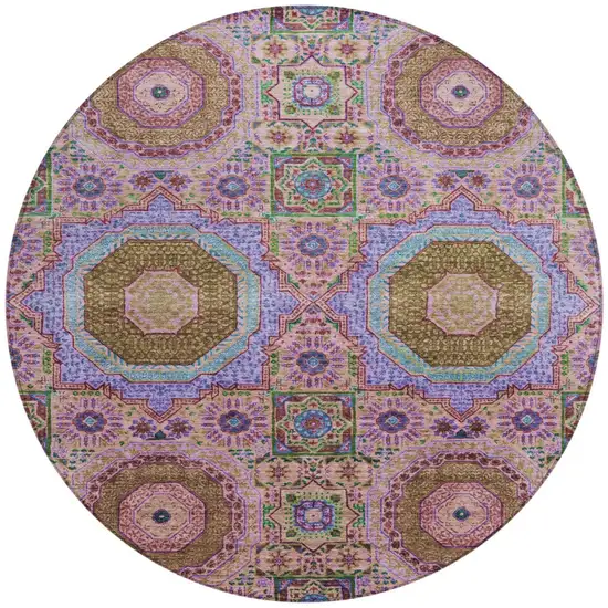 8' Pink And Teal Blue Round Medallion Washable Indoor Outdoor Area Rug Photo 3