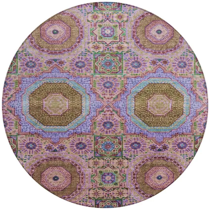 8' Pink And Teal Blue Round Medallion Washable Indoor Outdoor Area Rug Photo 3