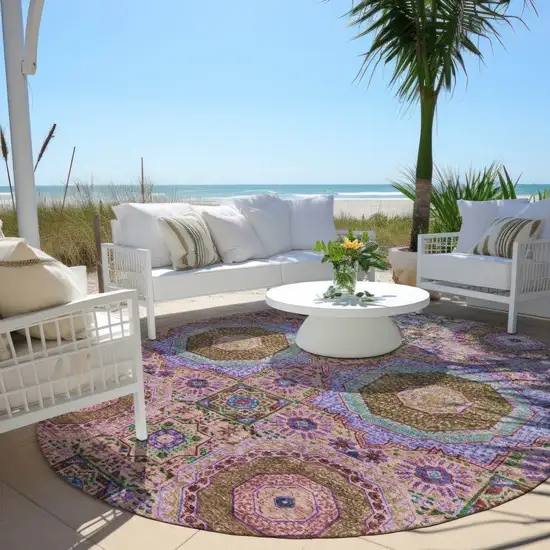 8' Pink And Teal Blue Round Medallion Washable Indoor Outdoor Area Rug Photo 5