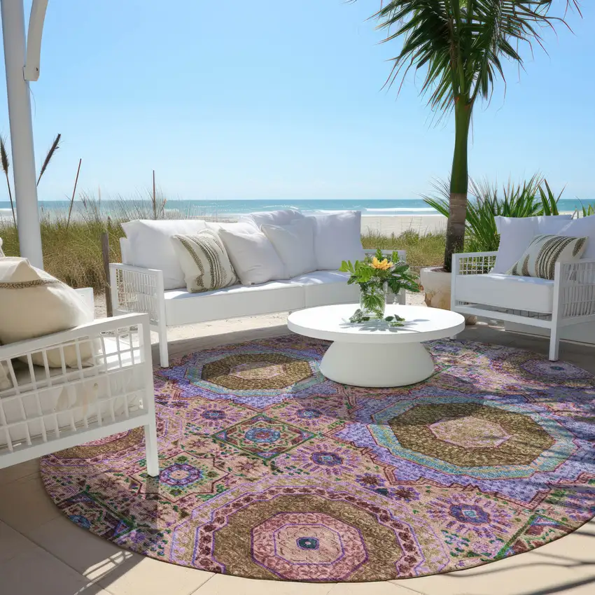 8' Pink And Teal Blue Round Medallion Washable Indoor Outdoor Area Rug Photo 5