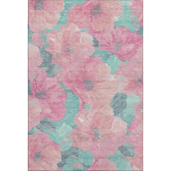 8' Pink And Teal Floral Washable Area Rug With UV Protection Photo 5