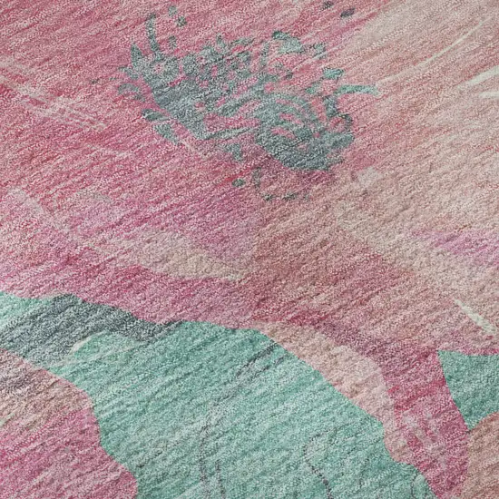 8' Pink And Teal Floral Washable Area Rug With UV Protection Photo 1