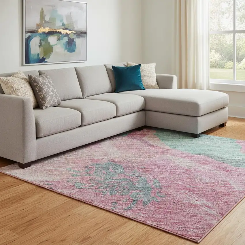 8' Pink And Teal Floral Washable Area Rug With UV Protection Photo 2