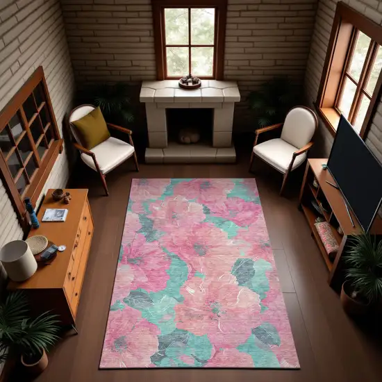 8' Pink And Teal Floral Washable Area Rug With UV Protection Photo 3