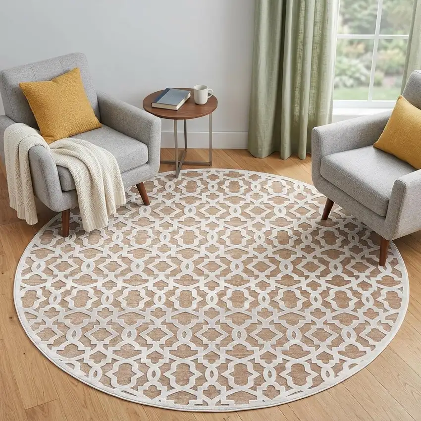 7' Pink And White Geometric Round Rug Photo 1