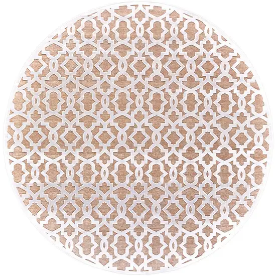 7' Pink And White Geometric Round Rug Photo 2