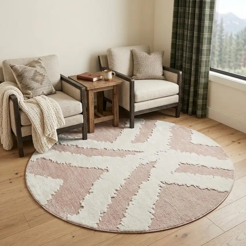 7' Pink And White Round Rug Photo 1