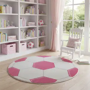 Photo of 5' Pink And White Soccer Youthful Washable Round Rug