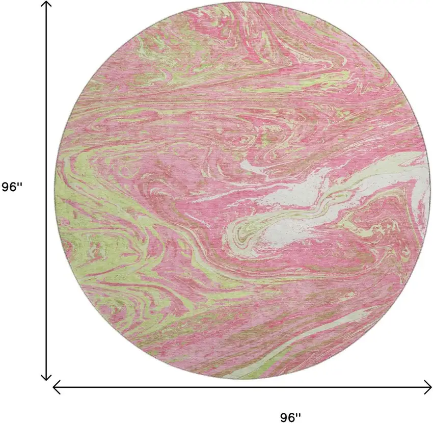 8' Pink Artichoke Green And Ivory Abstract Washable Round Rug With UV Protection Photo 9