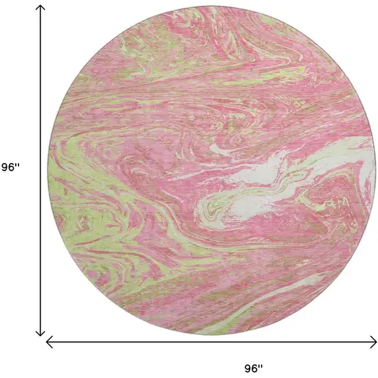 8' Pink Artichoke Green And Ivory Abstract Washable Round Rug With UV Protection Photo 9