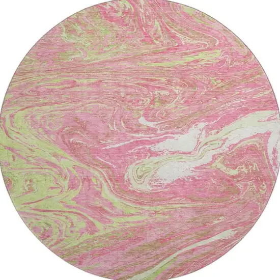 8' Pink Artichoke Green And Ivory Abstract Washable Round Rug With UV Protection Photo 2
