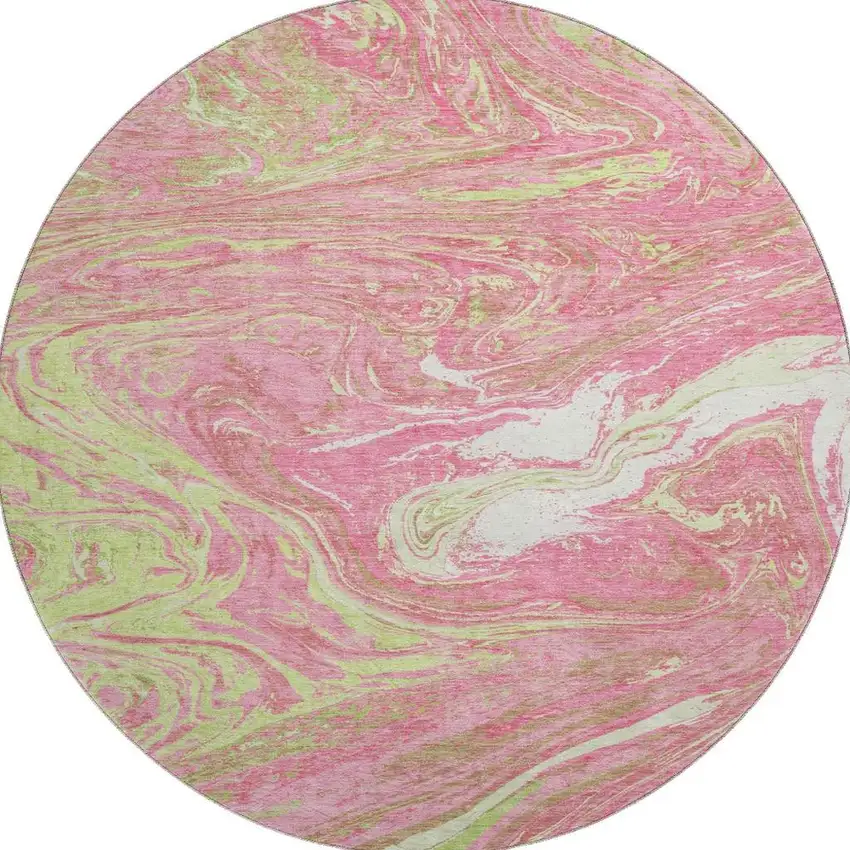 8' Pink Artichoke Green And Ivory Abstract Washable Round Rug With UV Protection Photo 2
