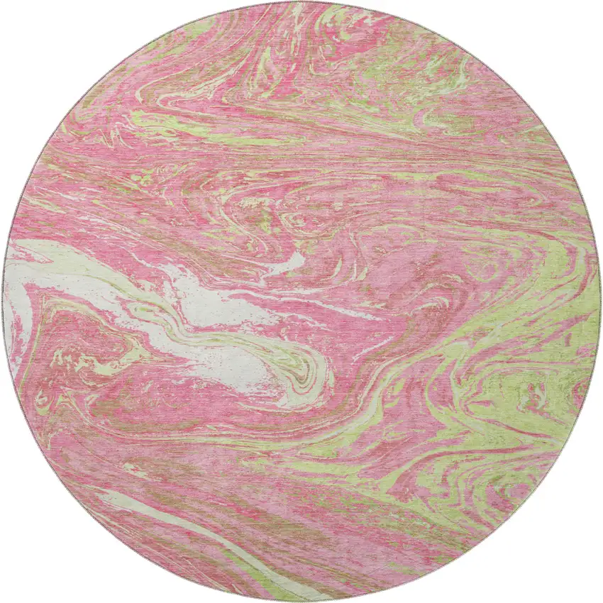8' Pink Artichoke Green And Ivory Abstract Washable Round Rug With UV Protection Photo 3