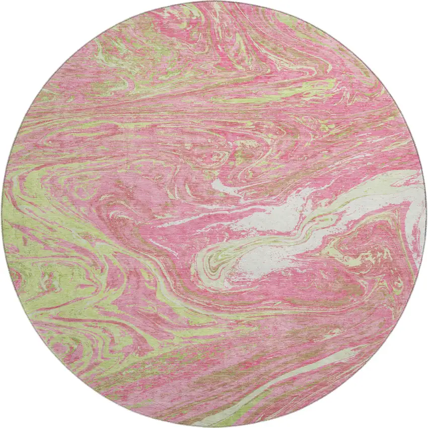 8' Pink Artichoke Green And Ivory Abstract Washable Round Rug With UV Protection Photo 1