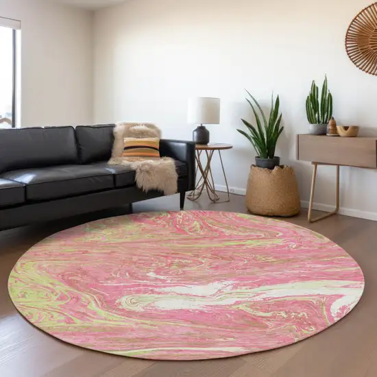 8' Pink Artichoke Green And Ivory Abstract Washable Round Rug With UV Protection Photo 4