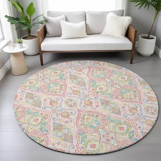 8' Pink Artichoke Green And Orange Round Ogee Washable Indoor Outdoor Area Rug Photo 7