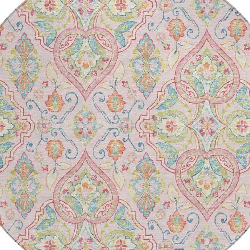 8' Pink Artichoke Green And Orange Round Ogee Washable Indoor Outdoor Area Rug Photo 5