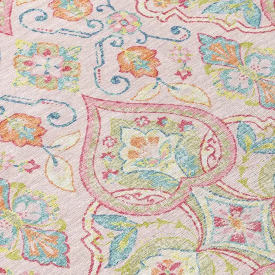 8' Pink Artichoke Green And Orange Round Ogee Washable Indoor Outdoor Area Rug Photo 9