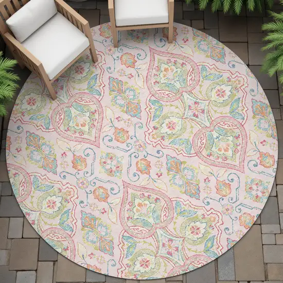8' Pink Artichoke Green And Orange Round Ogee Washable Indoor Outdoor Area Rug Photo 6