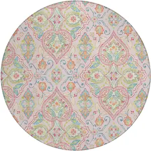Photo of 8' Pink Artichoke Green And Orange Round Ogee Washable Indoor Outdoor Area Rug