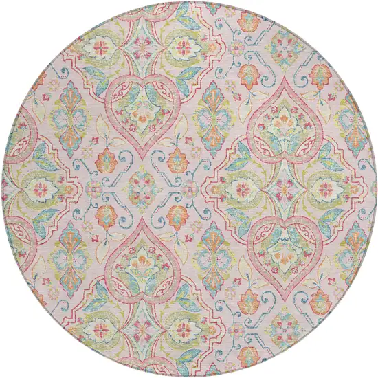 8' Pink Artichoke Green And Orange Round Ogee Washable Indoor Outdoor Area Rug Photo 1